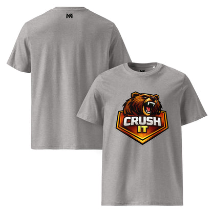T-shirt Bio CRUSH IT gris chiné visuel coloré face et logo noir dos sous le col Mindset Ambition