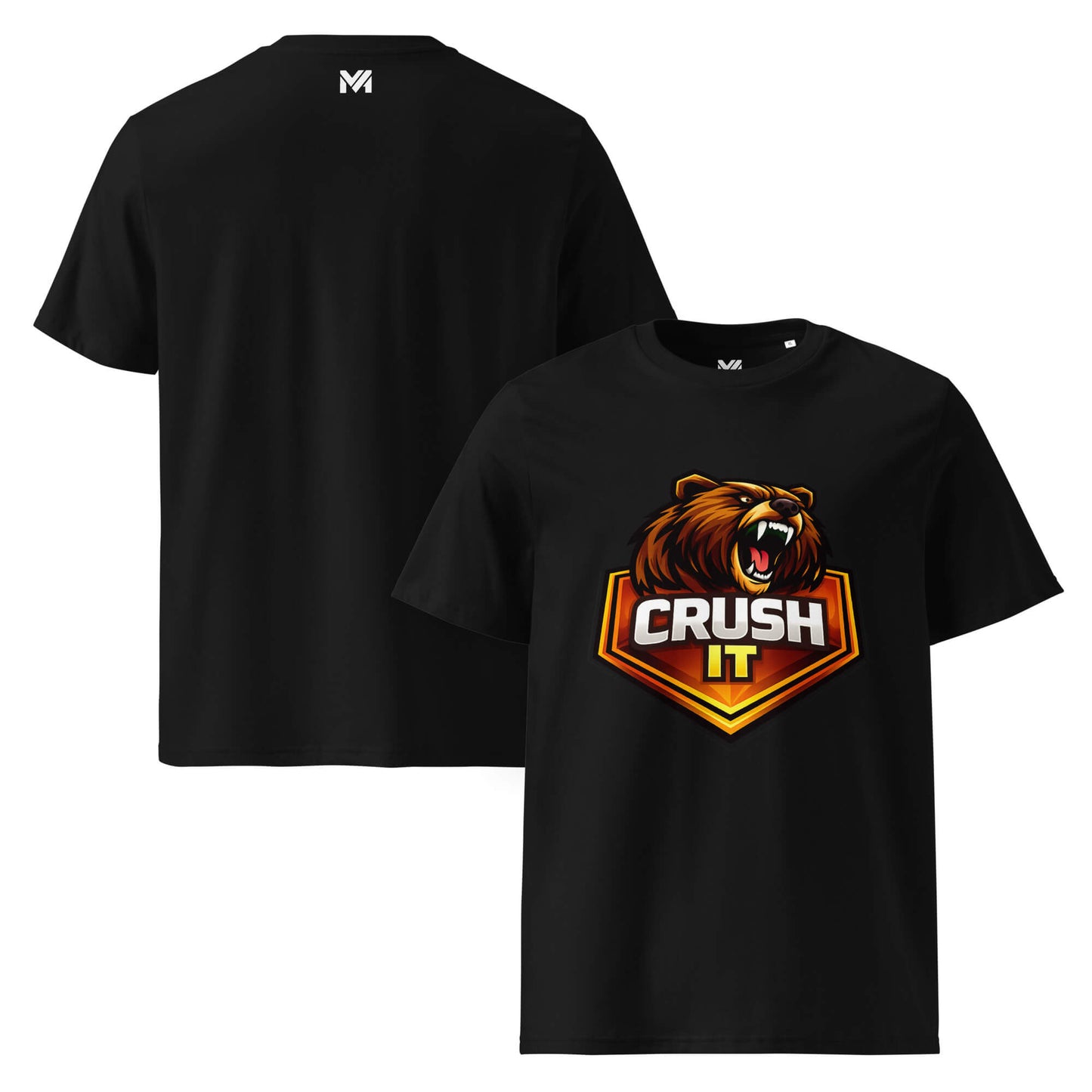 T-shirt Bio CRUSH IT noir visuel coloré face et logo blanc dos sous le col Mindset Ambition