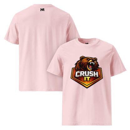 T-shirt Bio CRUSH IT rose visuel coloré face et logo noir dos sous le col Mindset Ambition