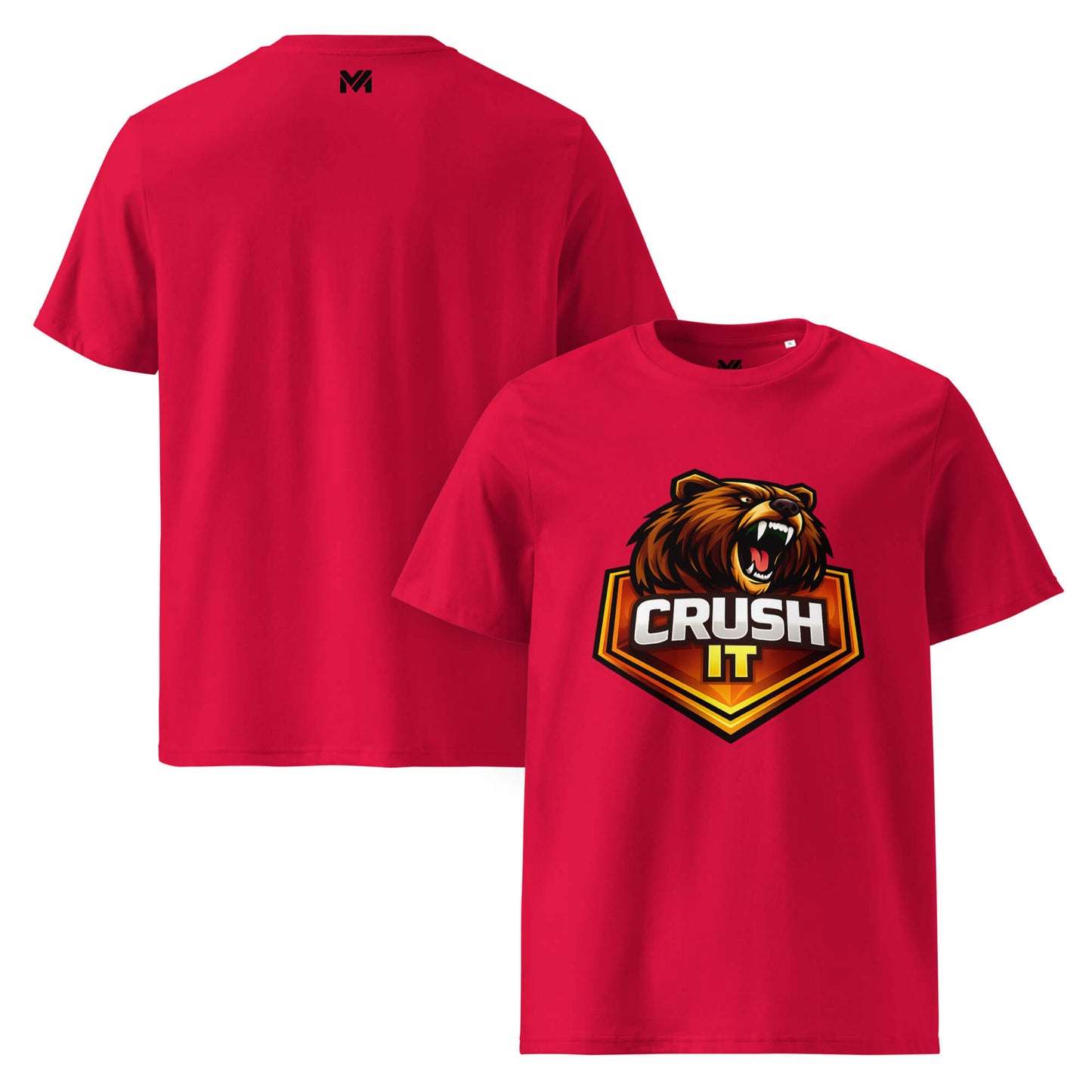 T-shirt Bio CRUSH IT rouge visuel coloré face et logo noir dos sous le col Mindset Ambition