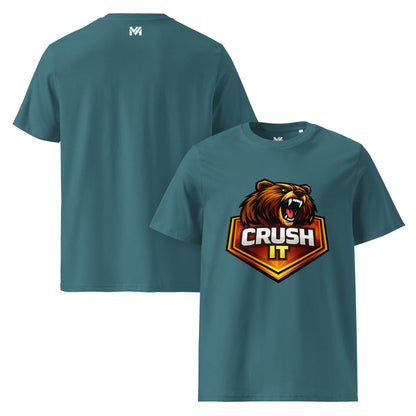 T-shirt Bio CRUSH IT vert visuel coloré face et logo blanc dos sous le col Mindset Ambition