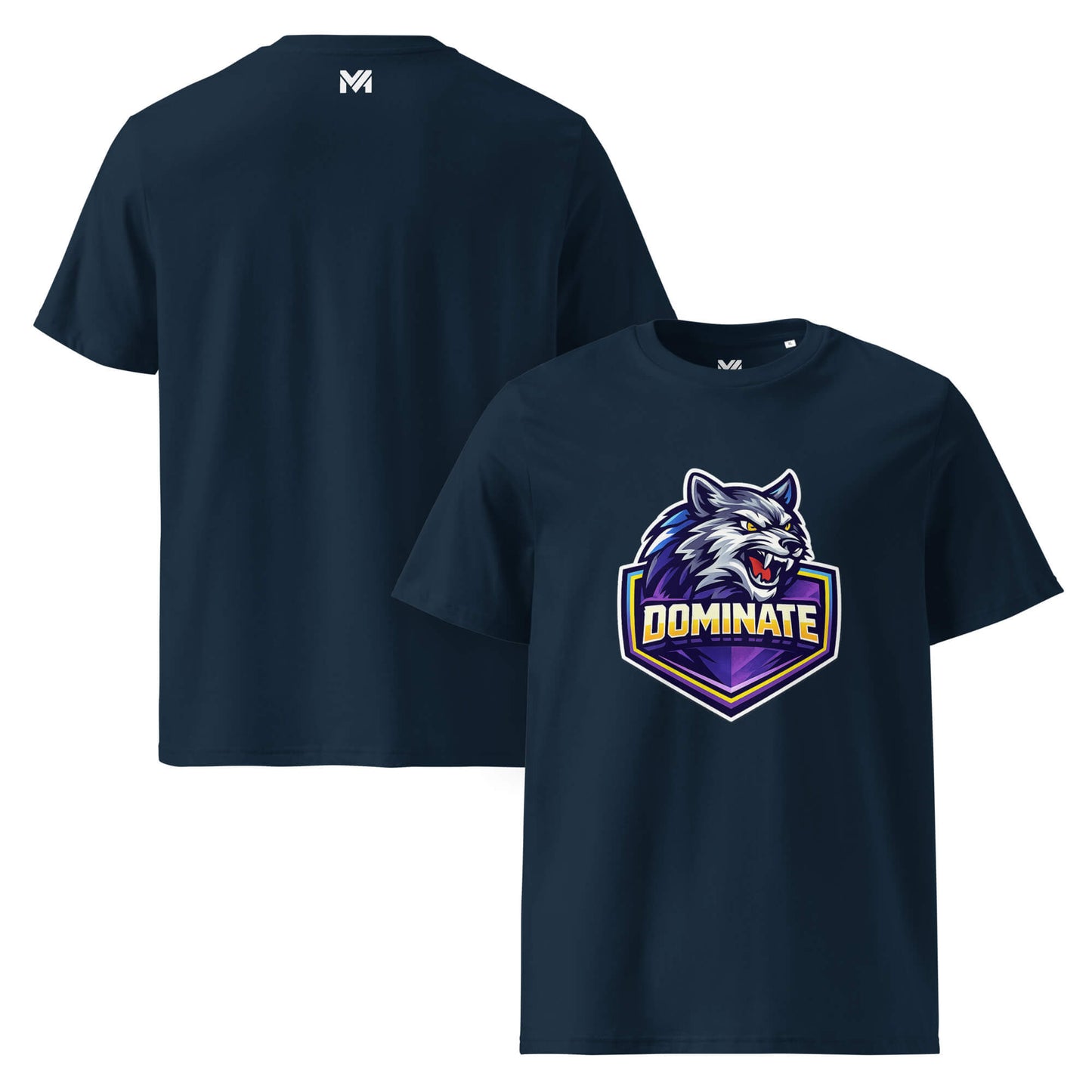 T-shirt Bio DOMINATE bleu marine visuel coloré face et logo blanc dos sous le col Mindset Ambition
