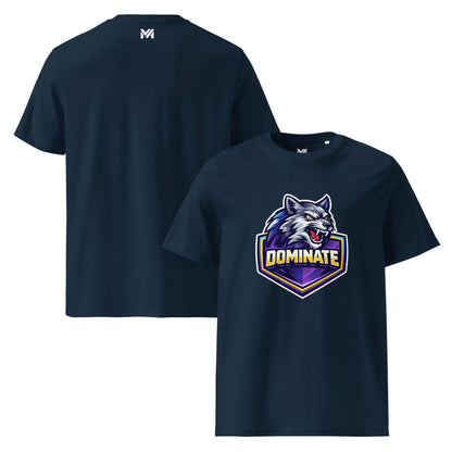 T-shirt Bio DOMINATE bleu marine visuel coloré face et logo blanc dos sous le col Mindset Ambition