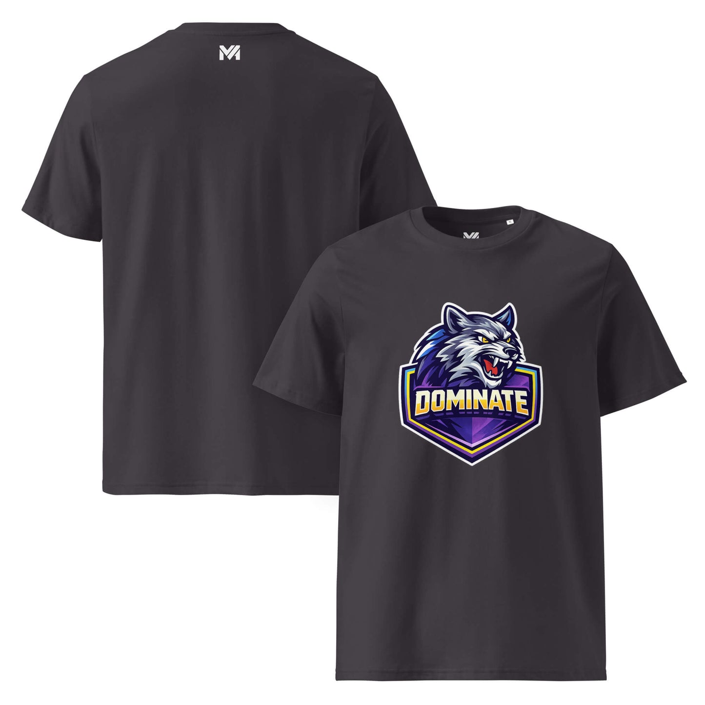 T-shirt Bio DOMINATE gris anthracite visuel coloré face et logo blanc dos sous le col Mindset Ambition