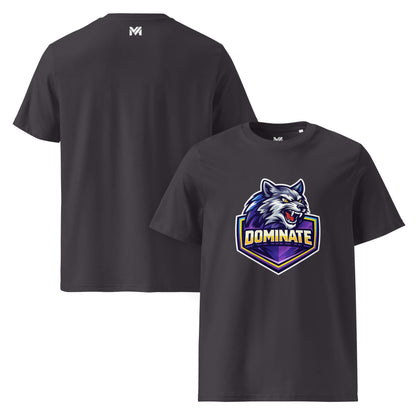 T-shirt Bio DOMINATE gris anthracite visuel coloré face et logo blanc dos sous le col Mindset Ambition