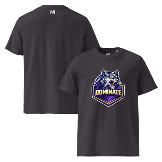 T-shirt Bio DOMINATE gris anthracite visuel coloré face et logo blanc dos sous le col Mindset Ambition