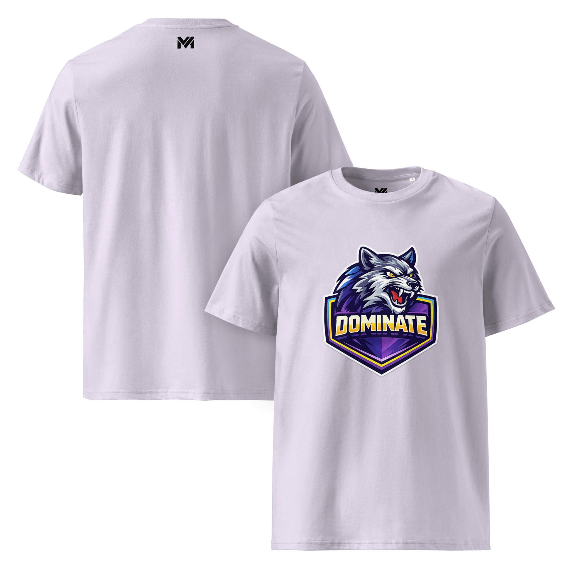 T-shirt Bio DOMINATE lavande visuel coloré face et logo noir dos sous le col Mindset Ambition