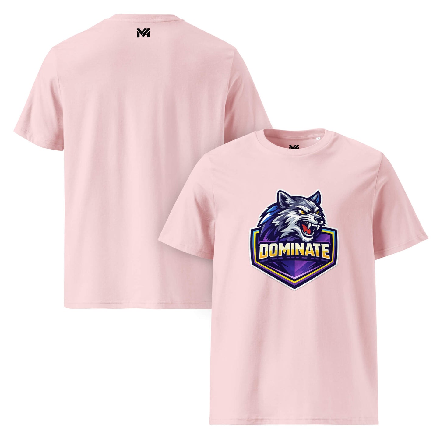T-shirt Bio DOMINATE rose visuel coloré face et logo noir dos sous le col Mindset Ambition