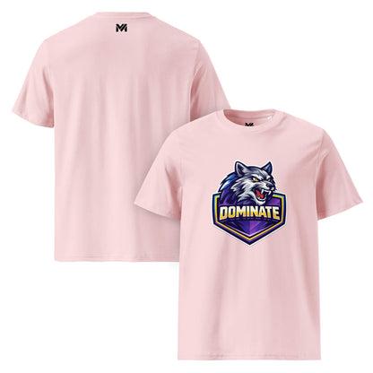 T-shirt Bio DOMINATE rose visuel coloré face et logo noir dos sous le col Mindset Ambition