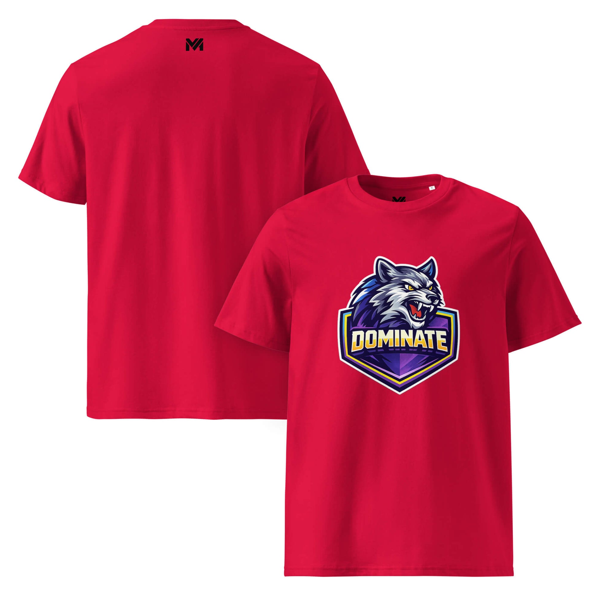 T-shirt Bio DOMINATE rouge visuel coloré face et logo noir dos sous le col Mindset Ambition