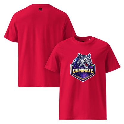 T-shirt Bio DOMINATE rouge visuel coloré face et logo noir dos sous le col Mindset Ambition