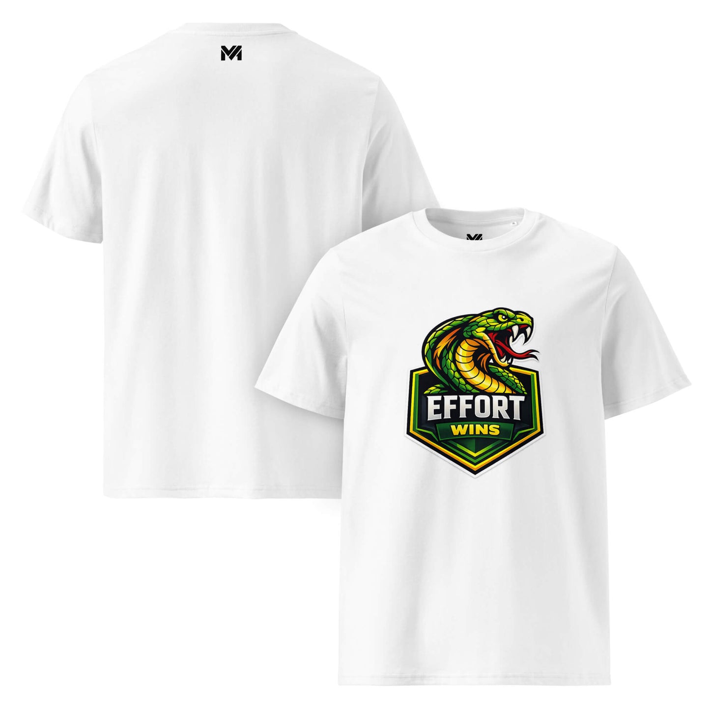 T-shirt Bio EFFORT WINS blanc visuel coloré face et logo noir dos sous le col Mindset Ambition