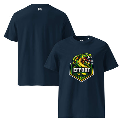 T-shirt Bio EFFORT WINS bleu marine visuel coloré face et logo blanc dos sous le col Mindset Ambition