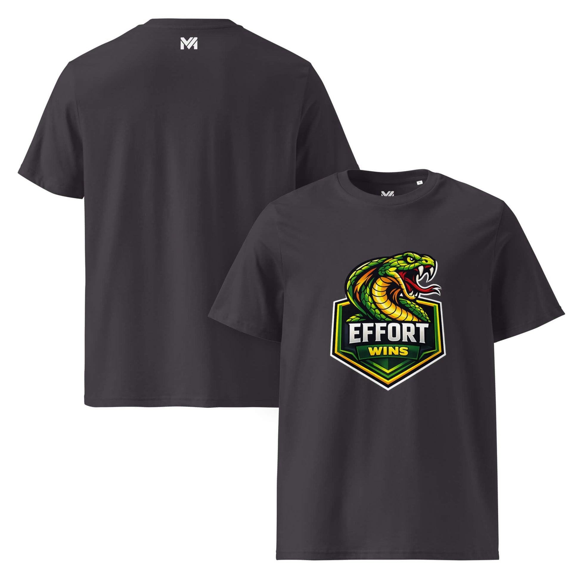 T-shirt Bio EFFORT WINS gris anthracite visuel coloré face et logo blanc dos sous le col Mindset Ambition