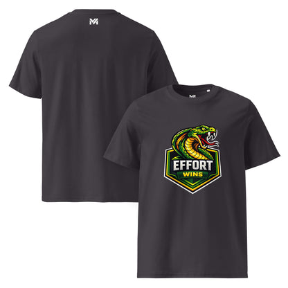 T-shirt Bio EFFORT WINS gris anthracite visuel coloré face et logo blanc dos sous le col Mindset Ambition