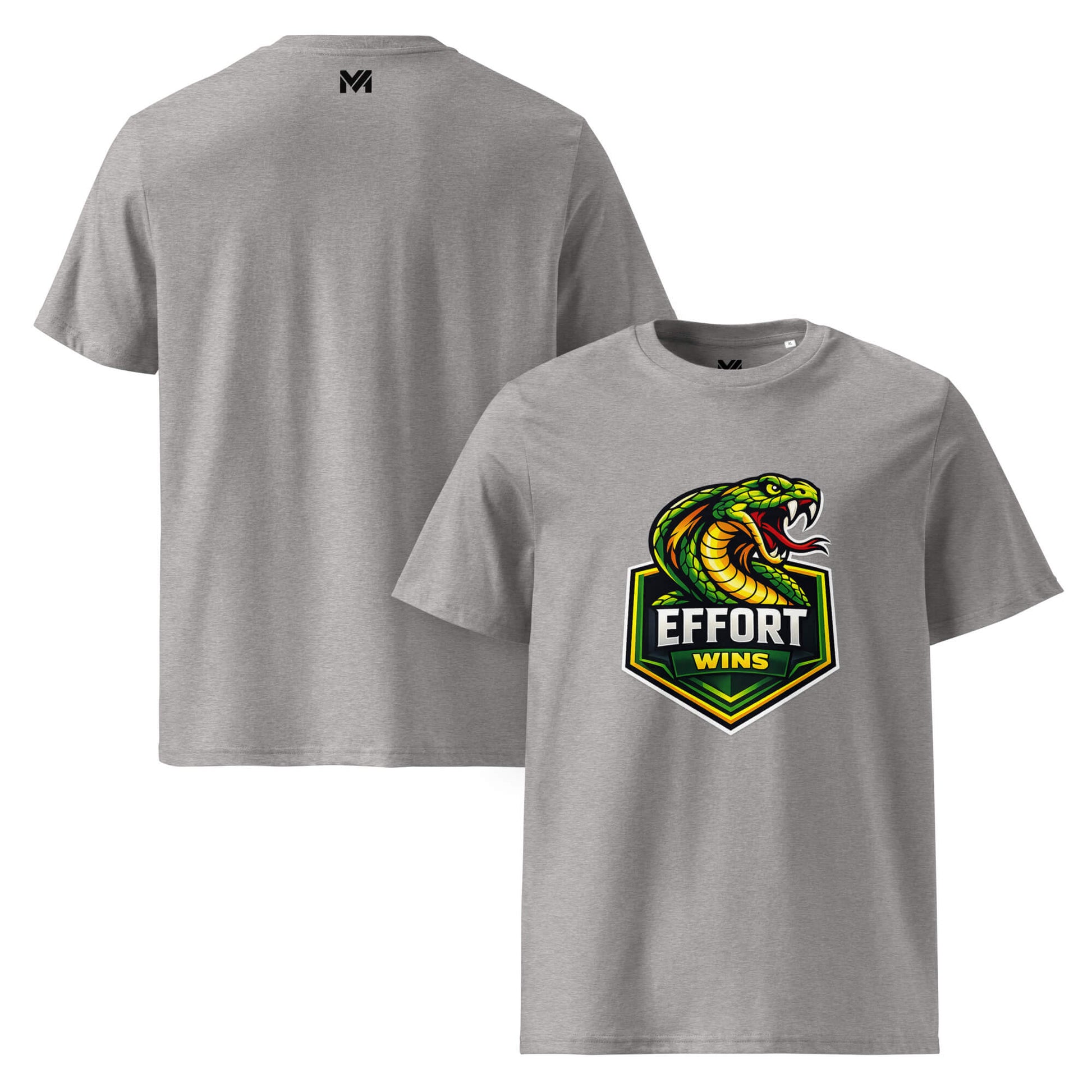 T-shirt Bio EFFORT WINS gris chiné visuel coloré face et logo noir dos sous le col Mindset Ambition