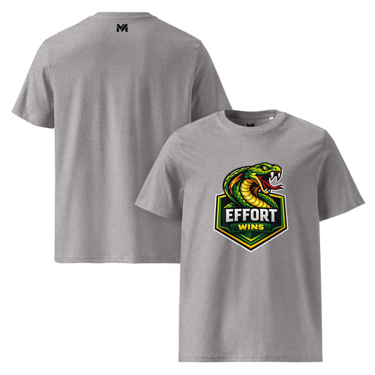 T-shirt Bio EFFORT WINS gris chiné visuel coloré face et logo noir dos sous le col Mindset Ambition