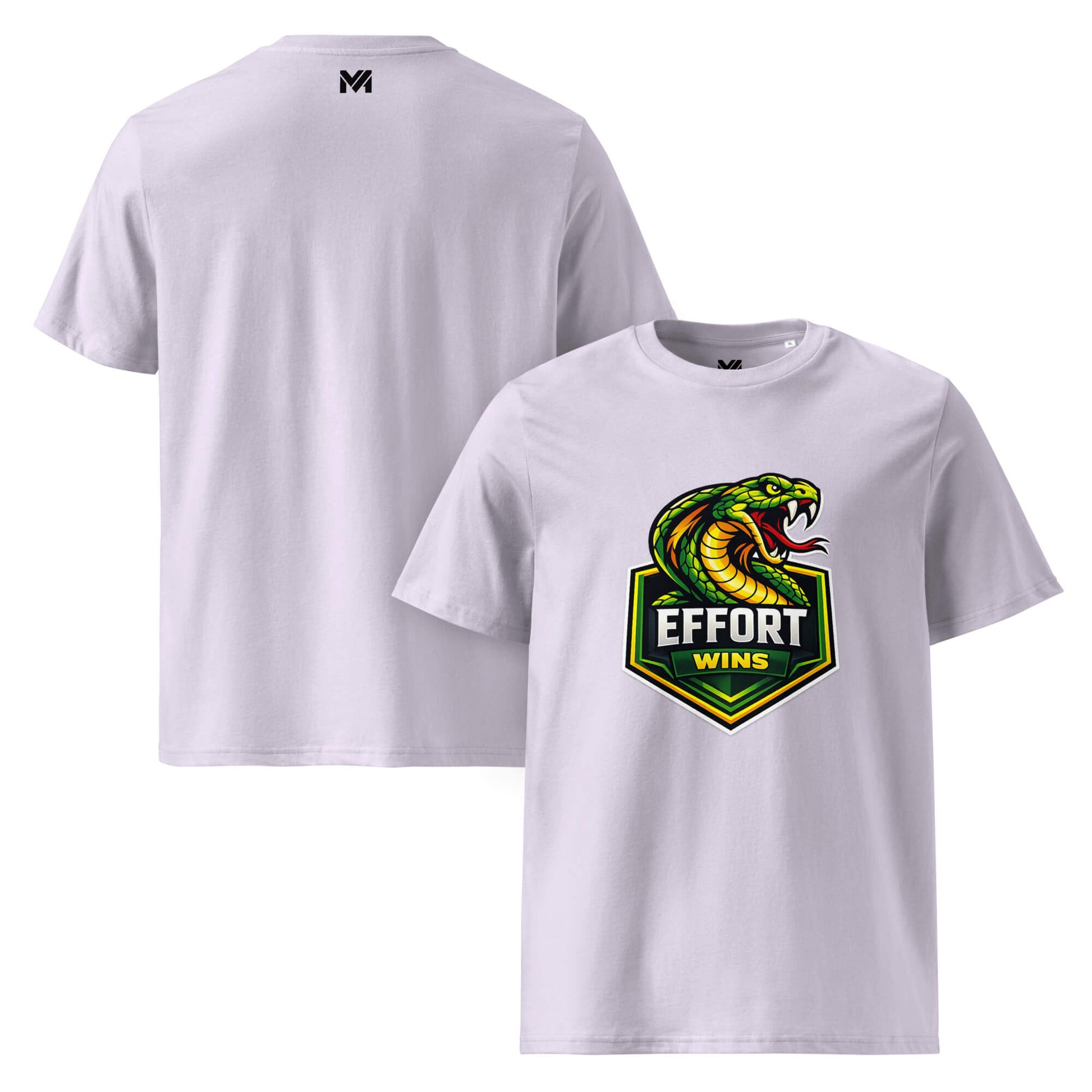 T-shirt Bio EFFORT WINS lavande visuel coloré face et logo noir dos sous le col Mindset Ambition