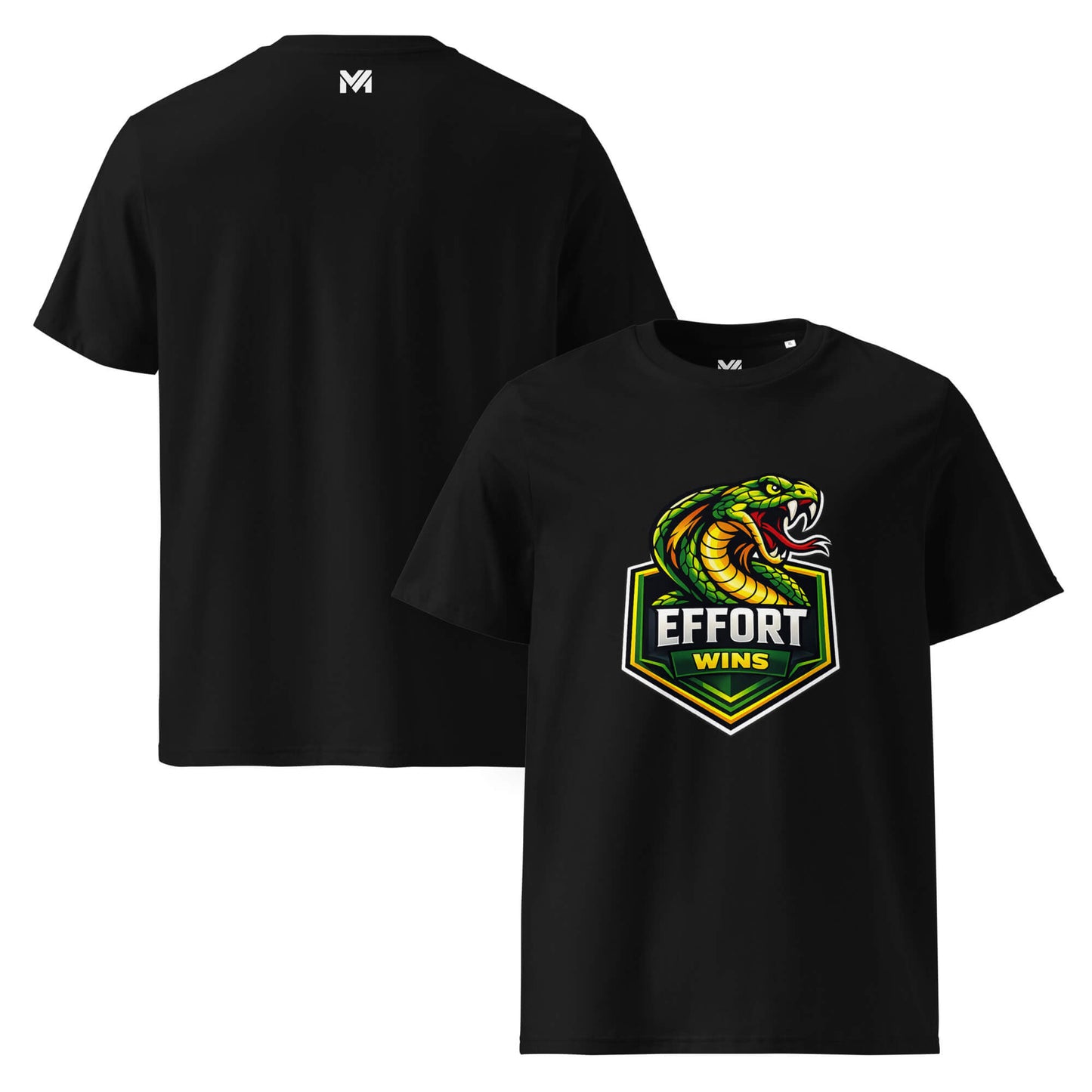 T-shirt Bio EFFORT WINS noir visuel coloré face et logo blanc dos sous le col Mindset Ambition
