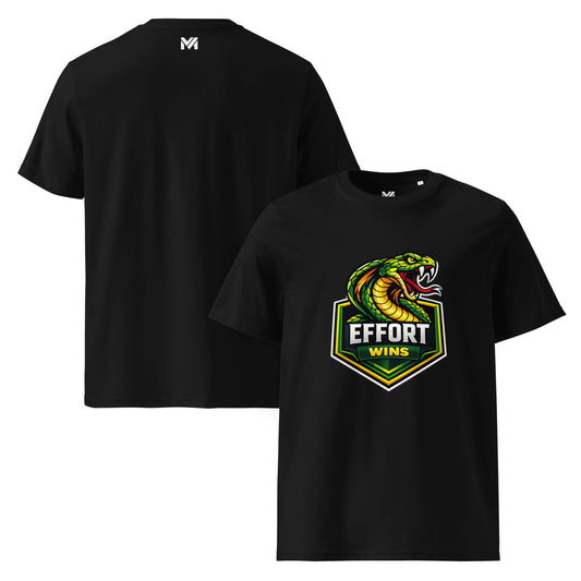T-shirt Bio EFFORT WINS noir visuel coloré face et logo blanc dos sous le col Mindset Ambition
