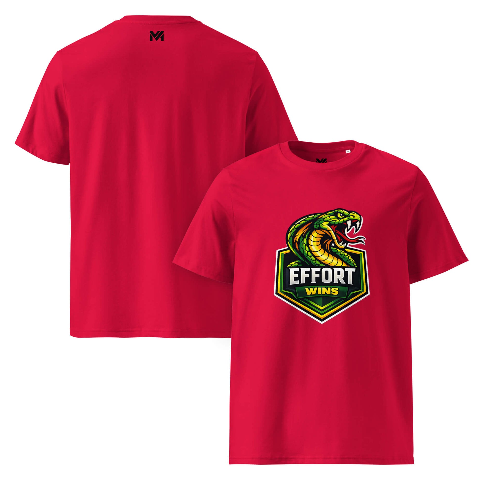 T-shirt Bio EFFORT WINS rouge visuel coloré face et logo noir dos sous le col Mindset Ambition