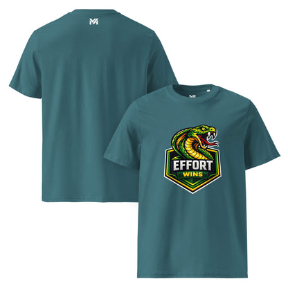 T-shirt Bio EFFORT WINS vert visuel coloré face et logo blanc dos sous le col Mindset Ambition