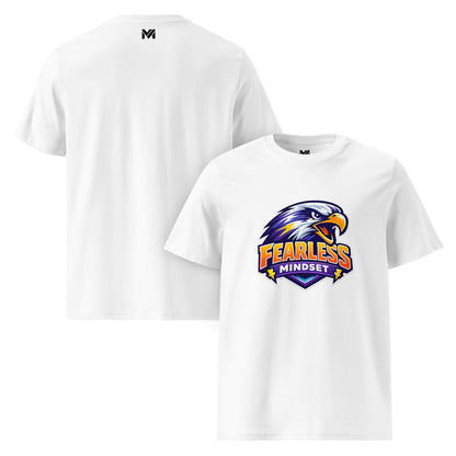 T-shirt Bio FEARLESS MINDSET blanc visuel coloré face et logo noir dos sous le col Mindset Ambition