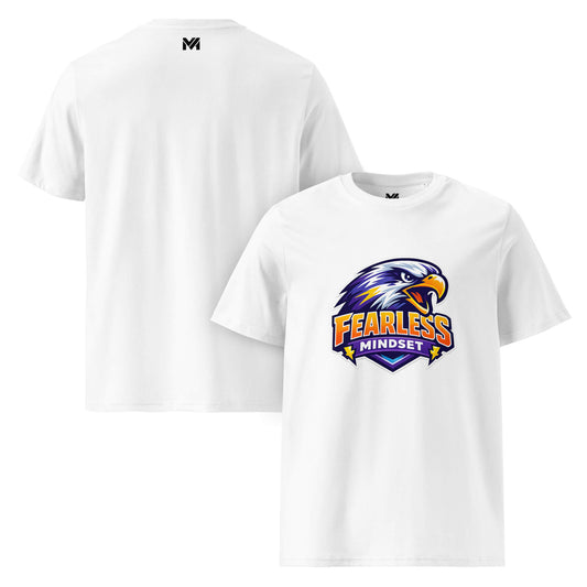 T-shirt Bio FEARLESS MINDSET blanc visuel coloré face et logo noir dos sous le col Mindset Ambition
