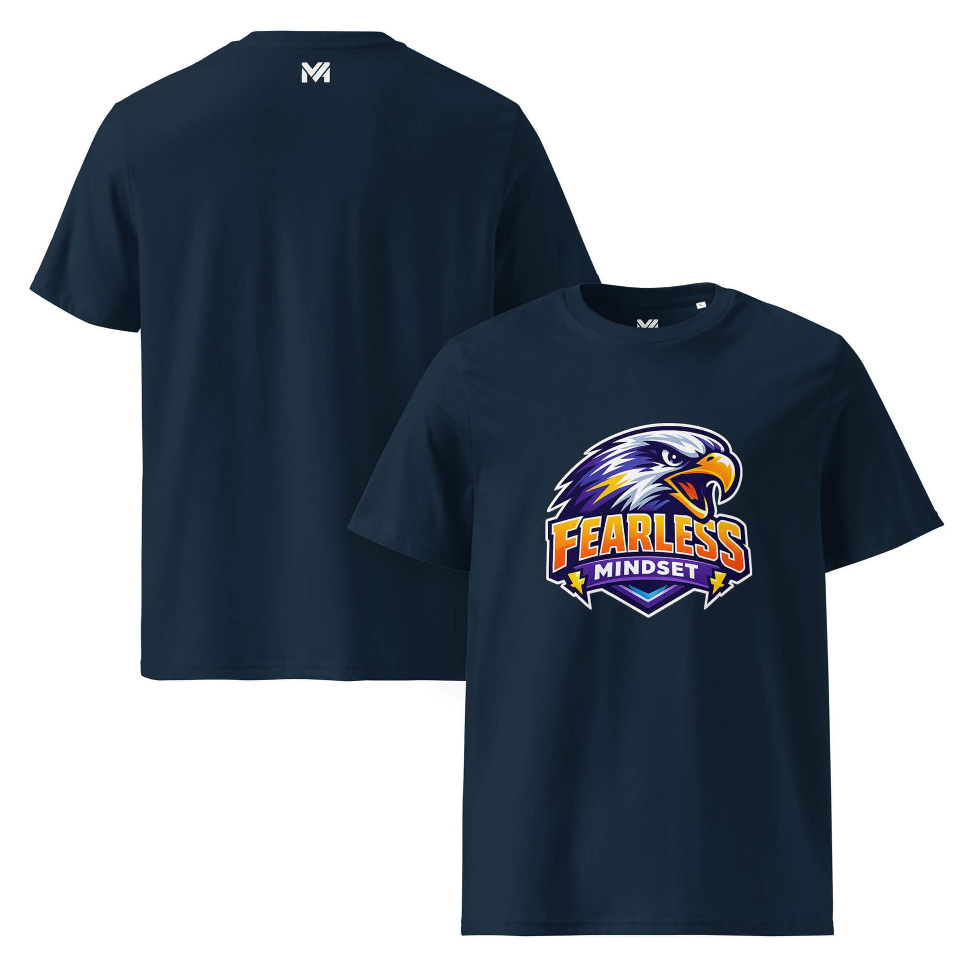 T-shirt Bio FEARLESS MINDSET bleu marine visuel coloré face et logo blanc dos sous le col Mindset Ambition