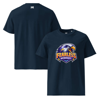 T-shirt Bio FEARLESS MINDSET bleu marine visuel coloré face et logo blanc dos sous le col Mindset Ambition