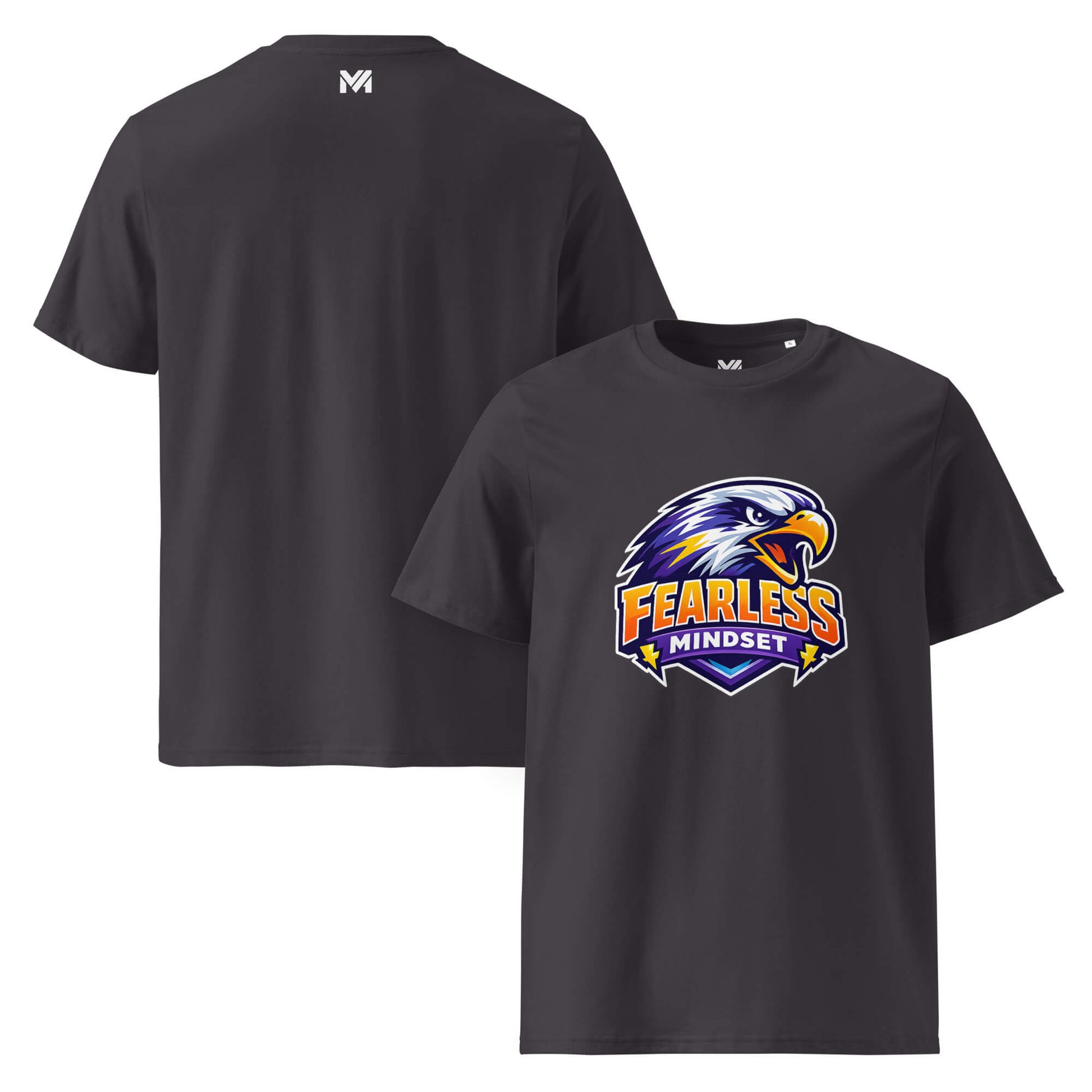 T-shirt Bio FEARLESS MINDSET gris anthracite visuel coloré face et logo blanc dos sous le col Mindset Ambition