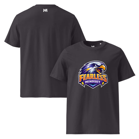 T-shirt Bio FEARLESS MINDSET gris anthracite visuel coloré face et logo blanc dos sous le col Mindset Ambition