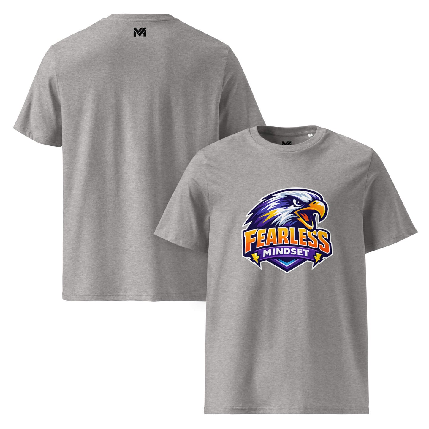 T-shirt Bio FEARLESS MINDSET gris chiné visuel coloré face et logo noir dos sous le col Mindset Ambition