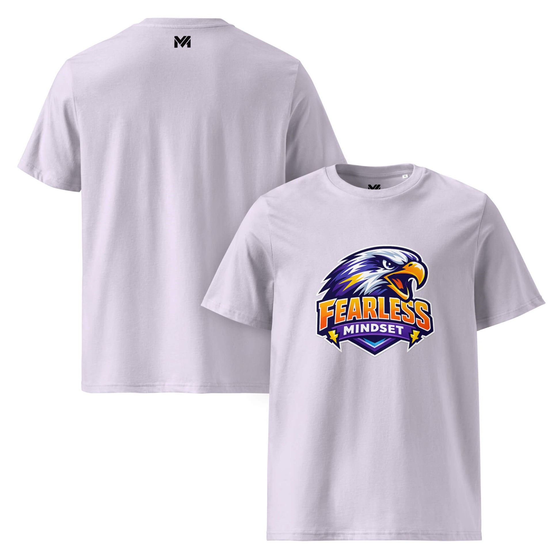 T-shirt Bio FEARLESS MINDSET lavande visuel coloré face et logo noir dos sous le col Mindset Ambition