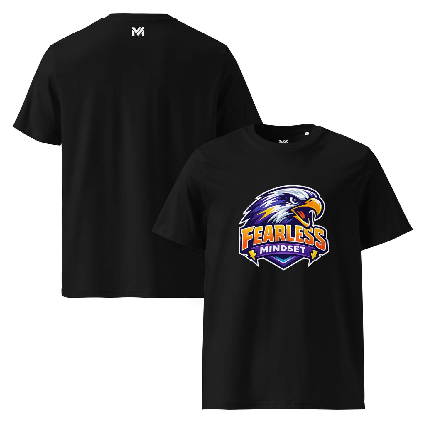 T-shirt Bio FEARLESS MINDSET noir visuel coloré face et logo blanc dos sous le col Mindset Ambition