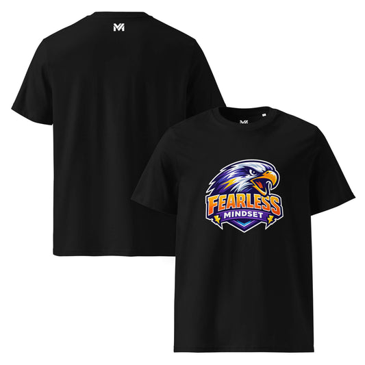 T-shirt Bio FEARLESS MINDSET noir visuel coloré face et logo blanc dos sous le col Mindset Ambition