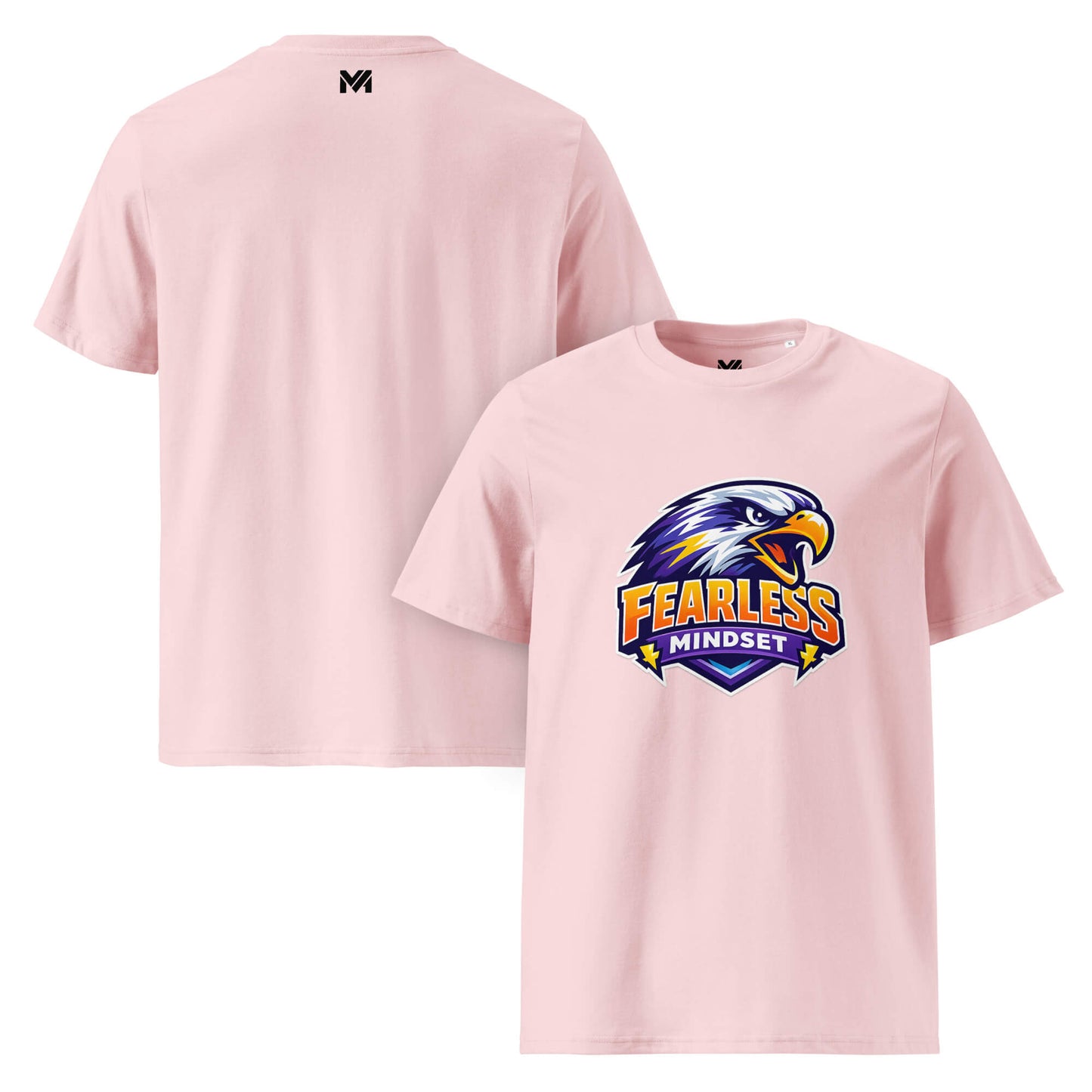 T-shirt Bio FEARLESS MINDSET rose visuel coloré face et logo noir dos sous le col Mindset Ambition