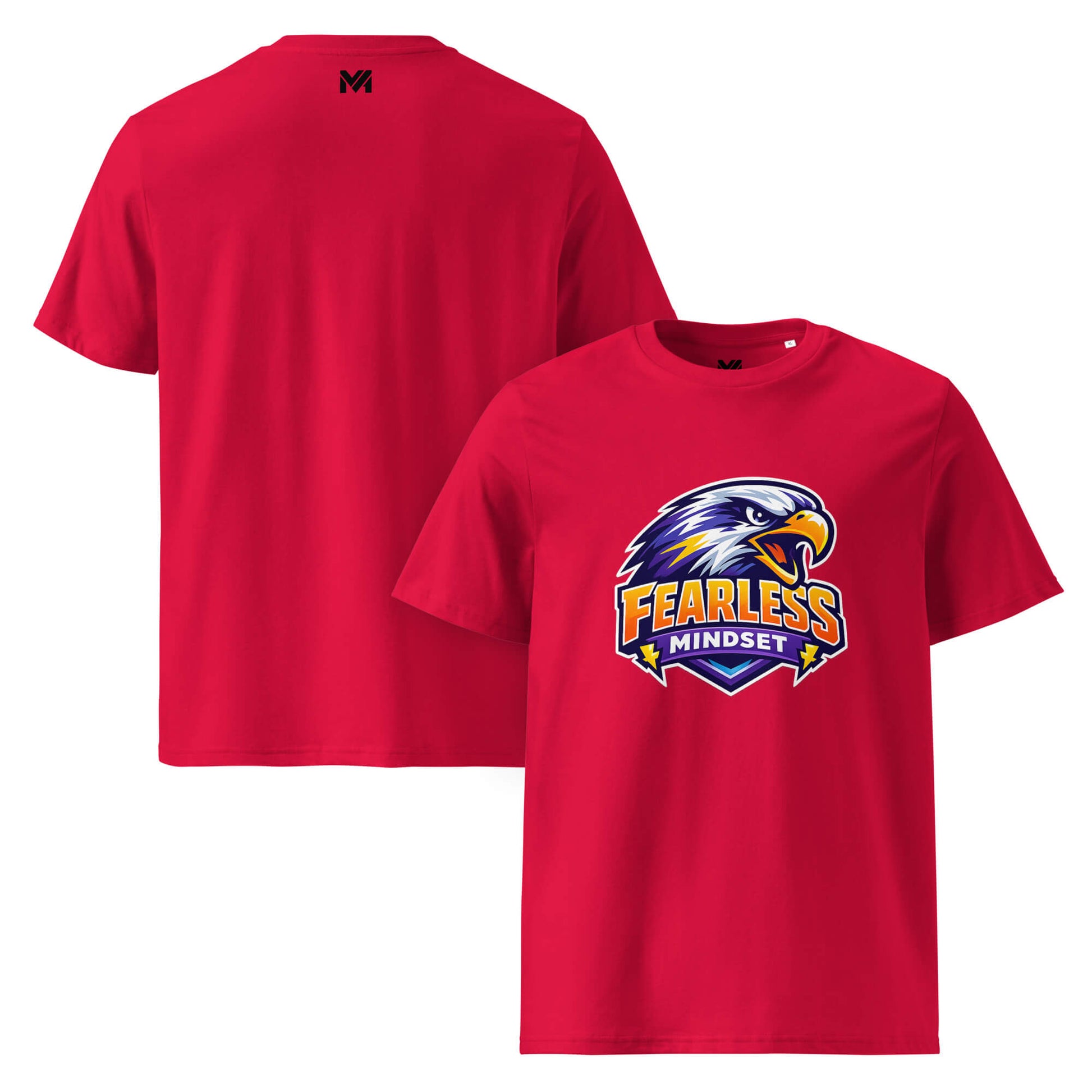 T-shirt Bio FEARLESS MINDSET rouge visuel coloré face et logo noir dos sous le col Mindset Ambition