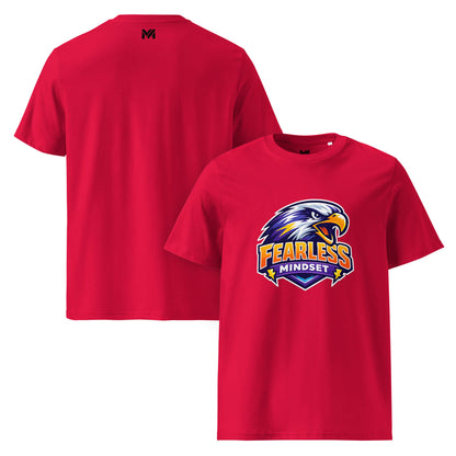 T-shirt Bio FEARLESS MINDSET rouge visuel coloré face et logo noir dos sous le col Mindset Ambition