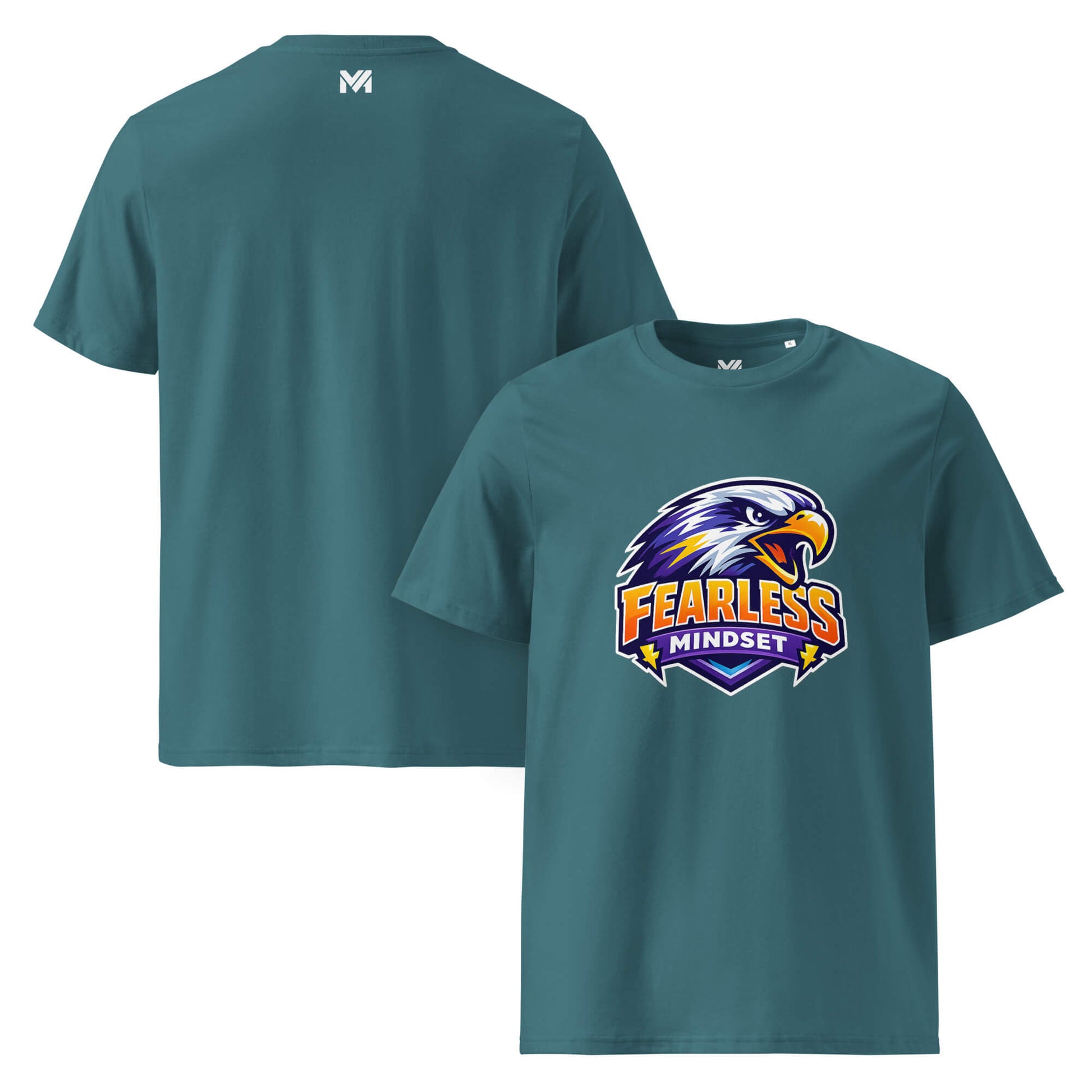 T-shirt Bio FEARLESS MINDSET vert visuel coloré face et logo blanc dos sous le col Mindset Ambition