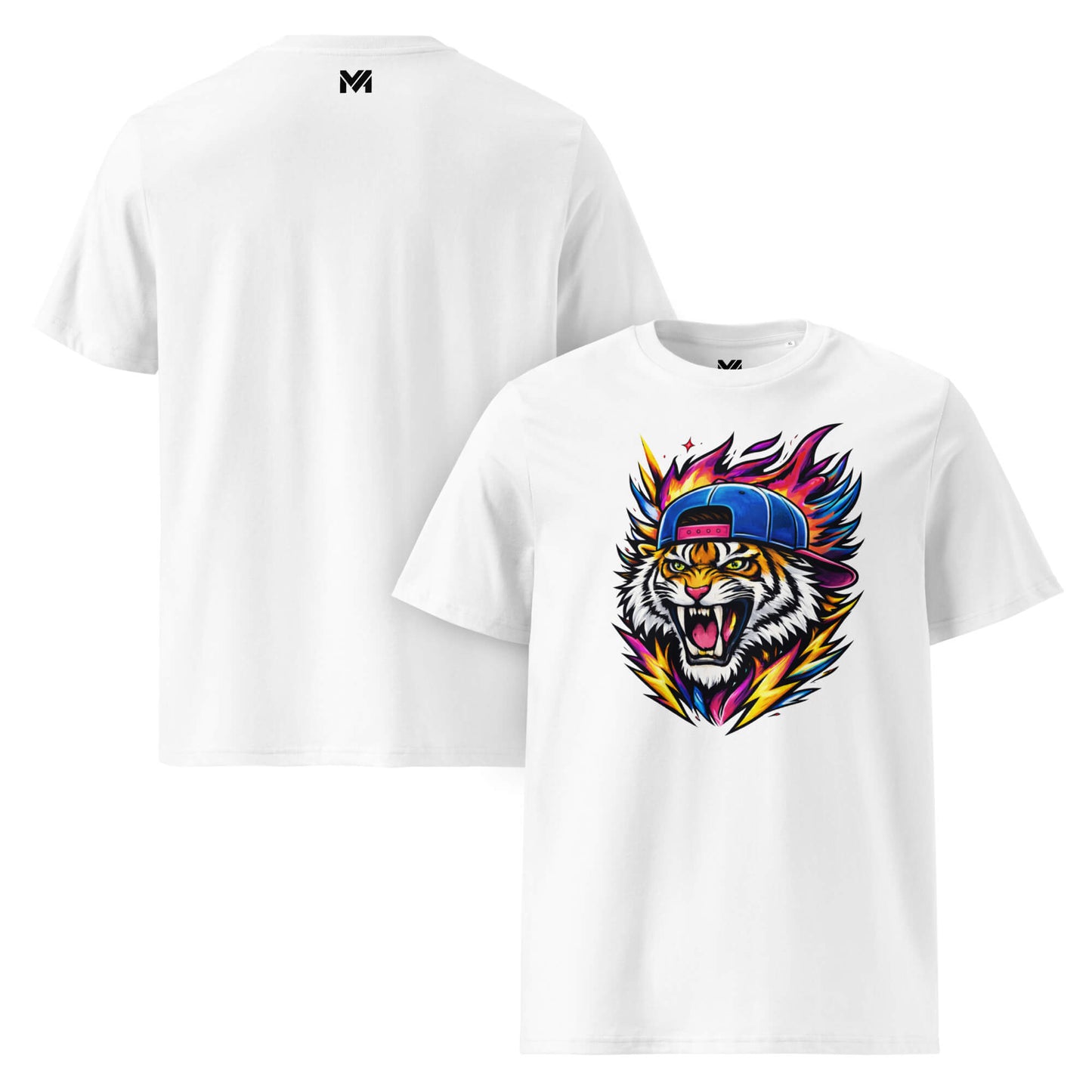 T-shirt Bio FIRE TIGER blanc visuel coloré face et logo noir dos sous le col Mindset Ambition