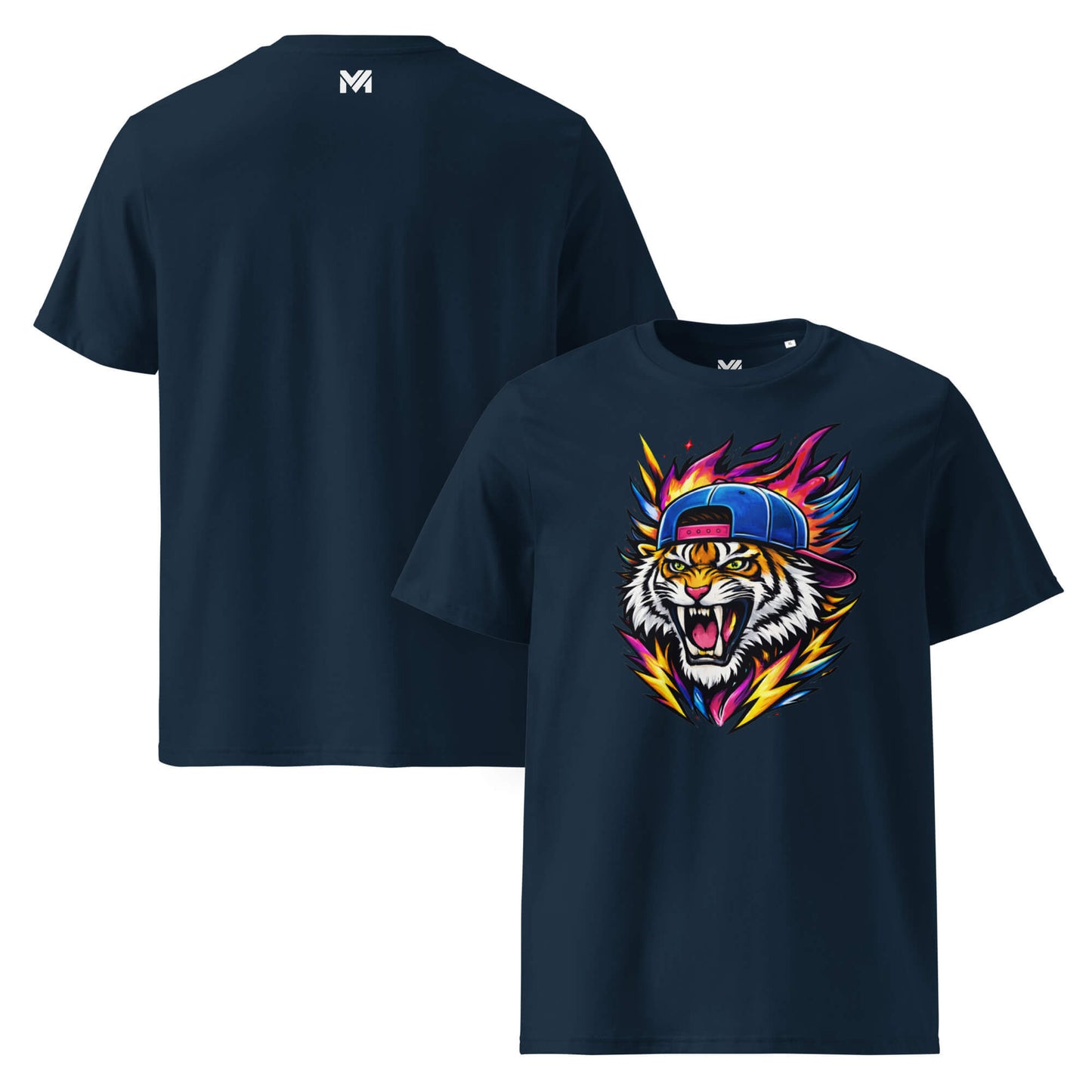 T-shirt Bio FIRE TIGER bleu marine visuel coloré face et logo blanc dos sous le col Mindset Ambition