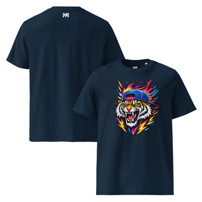 T-shirt Bio FIRE TIGER bleu marine visuel coloré face et logo blanc dos sous le col Mindset Ambition