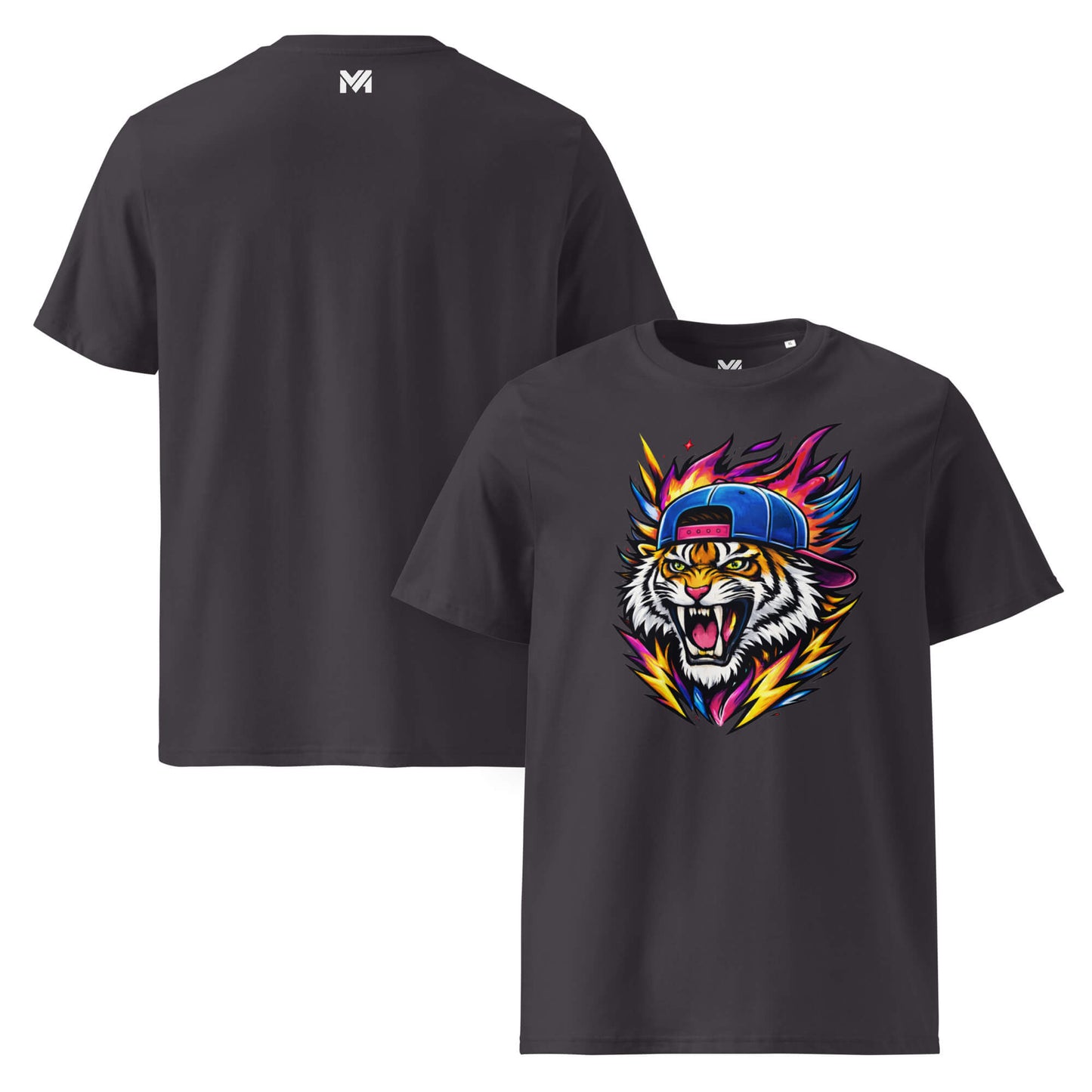T-shirt Bio FIRE TIGER gris anthracite visuel coloré face et logo blanc dos sous le col Mindset Ambition