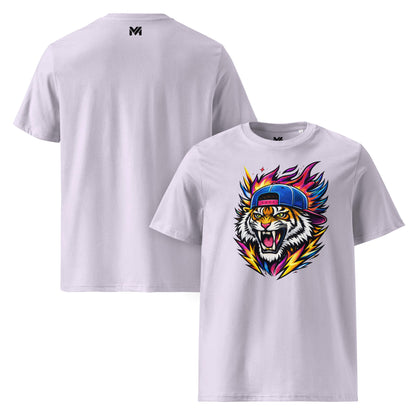 T-shirt Bio FIRE TIGER lavande visuel coloré face et logo noir dos sous le col Mindset Ambition