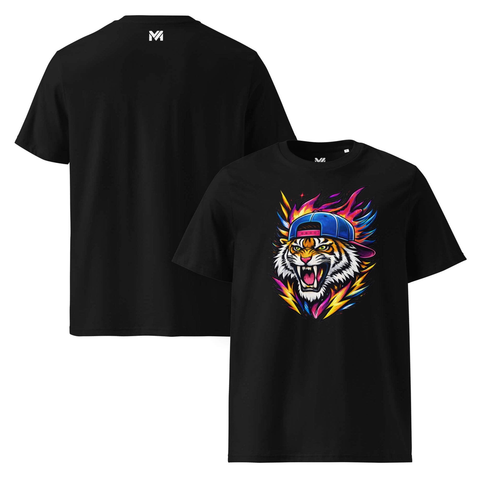 T-shirt Bio FIRE TIGER noir visuel coloré face et logo blanc dos sous le col Mindset Ambition