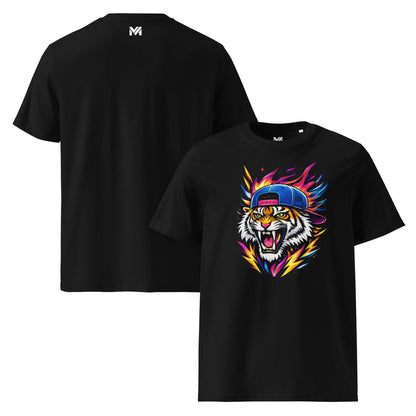 T-shirt Bio FIRE TIGER noir visuel coloré face et logo blanc dos sous le col Mindset Ambition