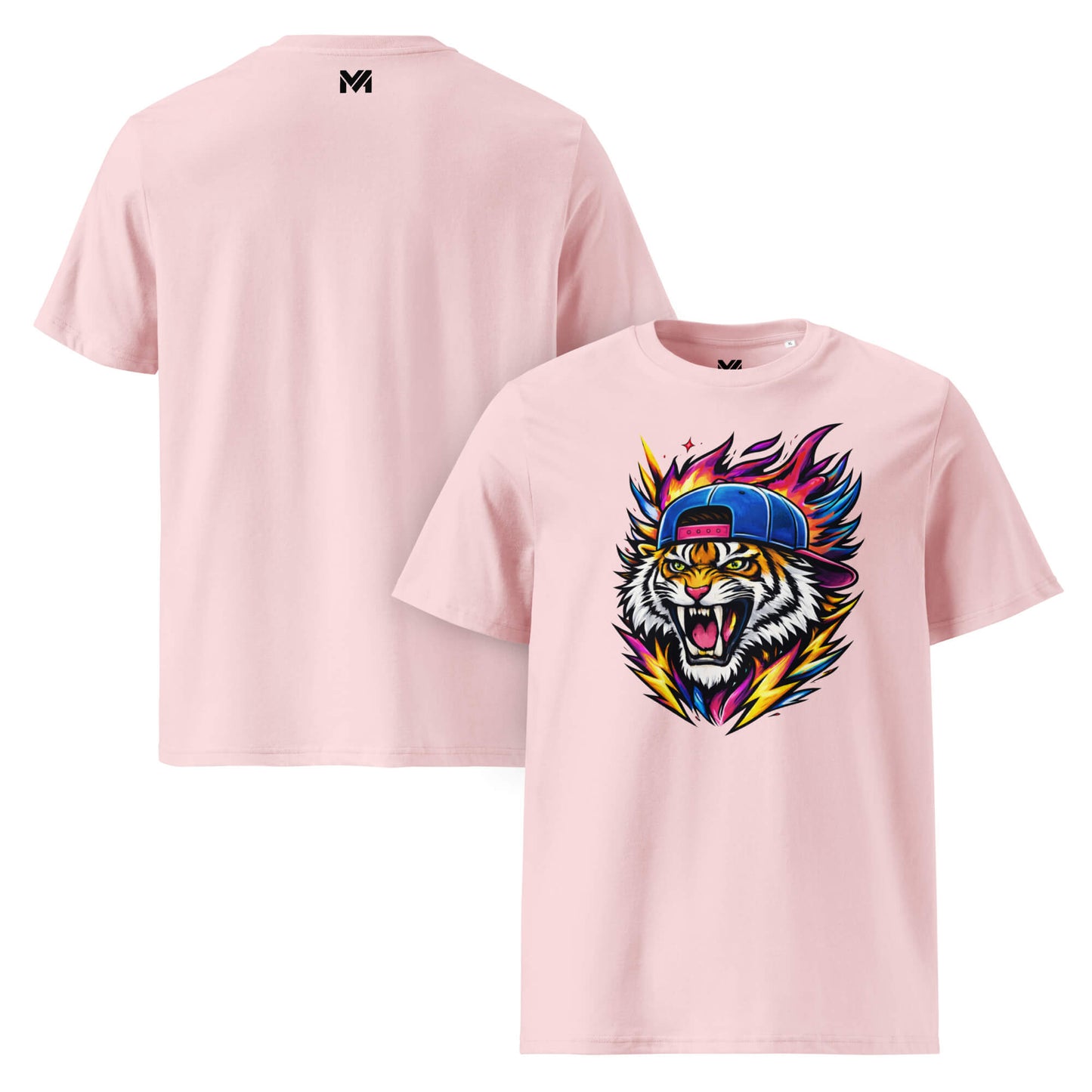 T-shirt Bio FIRE TIGER rose visuel coloré face et logo noir dos sous le col Mindset Ambition
