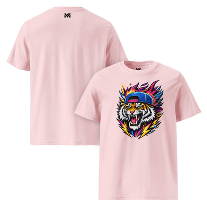 T-shirt Bio FIRE TIGER rose visuel coloré face et logo noir dos sous le col Mindset Ambition