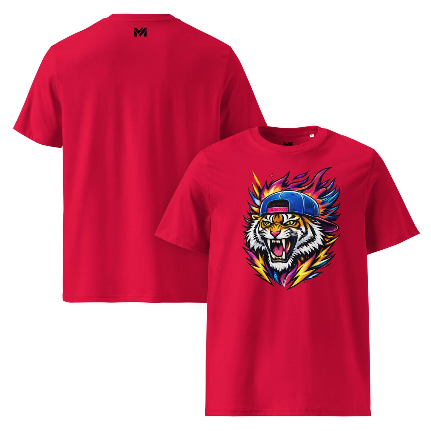 T-shirt Bio FIRE TIGER rouge visuel coloré face et logo noir dos sous le col Mindset Ambition